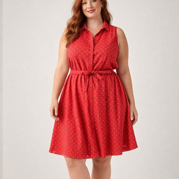❤️ Larry Levine Polka Dot Dress | Red Fit & Flare | Belted Waist | Classic Style - Picture 2 of 5